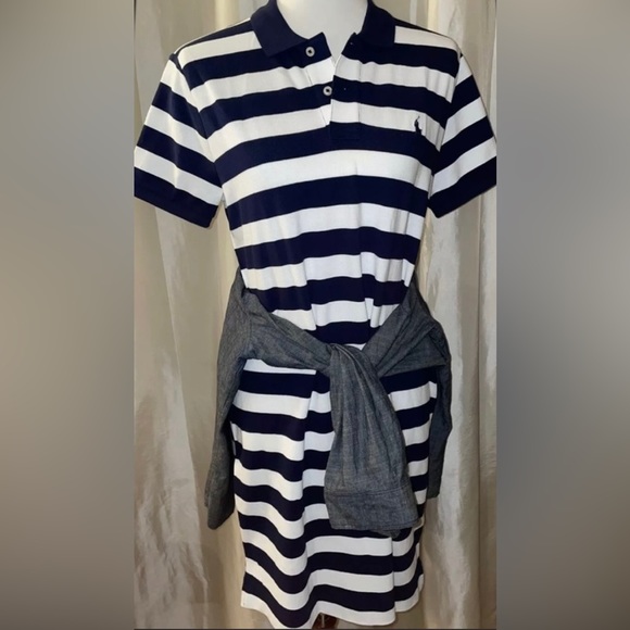 🎉HP🎉New! Polo Ralph Lauren Navy/WhiteStriped MiniMesh Classic Polo Dress L🐎🤍 - Picture 4 of 13